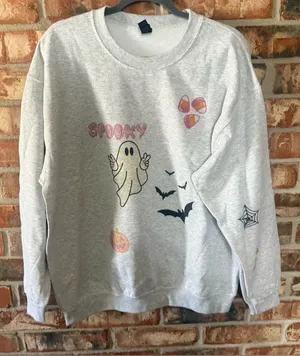 Gildan Light Gray Halloween Ghost Graphic Crewneck thumbnail 1