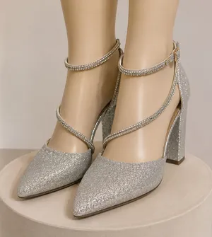 Sugar Everett Silver Glitter Rhinestone Ankle Strap Block Heels thumbnail 1