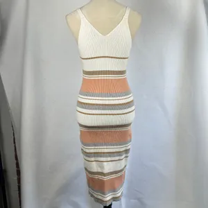 Striped Ribbed Knit Midi Dress‎ Spaghetti Strap V Neck Bodycon Womens Small thumbnail 4
