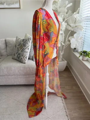 Bananhot Long Multi-Color Sheer Long Sleeve Cover-Up In Waves Size M/L thumbnail 7
