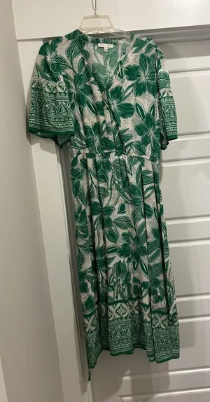FIG + FLOWER Green Tropical Floral Midi Dress size Large Modest Preppy Teacher thumbnail 1