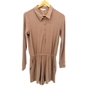 Z Supply Portabella Tan Lyra Rib Henley Romper Casual Lounge‎ Brown L NWT thumbnail 4