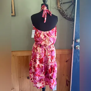 PrettyGarden Halter Floral Pink & Red Sleeveless Tiered Sundress size L NWT thumbnail 4