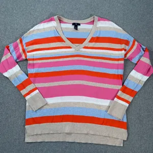 Gap Striped V-Neck Pullover Sweater Women's Medium Long Sleeve Cotton thumbnail 1