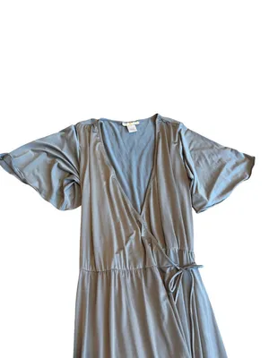 Two Birds Grey Faux Wrap Maxi Dress Flutter Sleeve Long Surplice Medium Women's thumbnail 3
