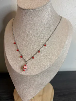 Handmade Red Floral Porcelain Charm Necklace | Waterproof & Tarnish Resistant thumbnail 4