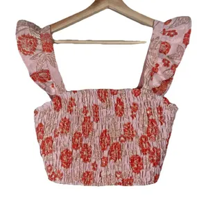 Lulus Womens Floral‎ Smocked Crop Top Small Dusty Pink Gold Metallic Ruffle NEW thumbnail 1