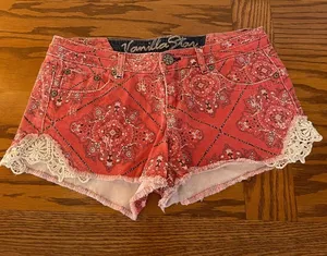 Vanilla Star Coral Red Bandana Print Denim Shorts with Lace Trim thumbnail 1