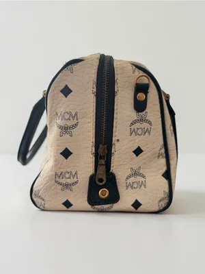 MCM Vintage Visetos Boston Satchel Ivory Black Monogram Top Handle Bag thumbnail 3