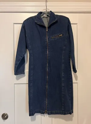 Vintage 90’s Long Sleeve Full Zip Retro Midi Blue Denim Dress Size 3 Rocker thumbnail 1
