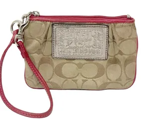 Coach Poppy Jacquard Monogram Signature‎ Small Wristlet Beige Pink Zip Pouch Bag thumbnail 1
