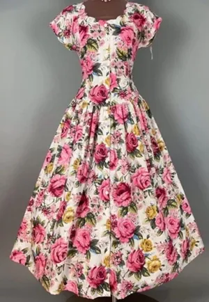 Vintage STARINA Floral Cottage Core Dress SZ M Pink Rose Button Front & Pockets thumbnail 1