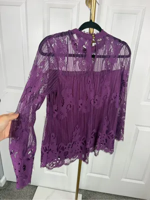 Ophelia Roe Purple Floral Lace Bell Sleeve Blouse Size S NWOT thumbnail 12
