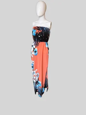 Tyche Coral Strapless Floral Maxi Dress with Blue Accents thumbnail 2