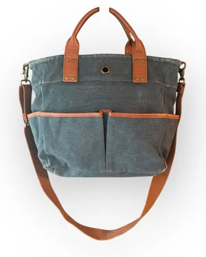 Levenger Bloomsbury Blue Canvas Bag with Brown Leather Accents thumbnail 1