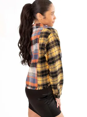 Jolie & Joy Patchwork Plaid Cut Off Button Up Shirt Jacket Shacket Size Large Yellow thumbnail 2