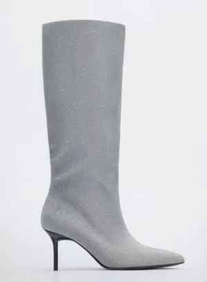 ZARA Silver Rhinestone Heeled Knee High Boots Heels thumbnail 4