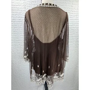Sundance Brown Mesh Embroidered Tunic Top V-Neck 3/4 Sleeve Boho Floral Large thumbnail 4