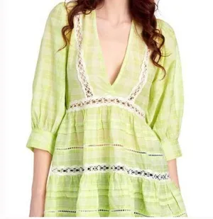 Free People Lime Green Time Out Boho Cottagecore Lace Tunic Top W-690 Size S thumbnail 1