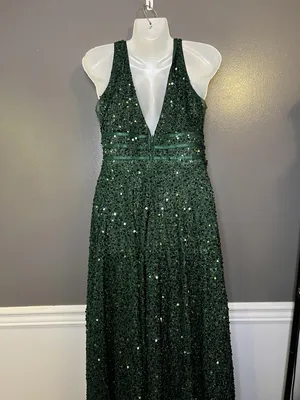 FAERIESTY Dress Womens Medium Green Sequin V-Neck Fit & Flare Maxi Formal Gown thumbnail 8