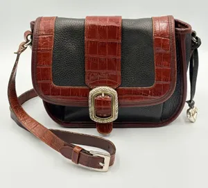 Brighton‎ Crossbody Bag Womens Green Brown Leather Croc Embossed Flap Boho thumbnail 1