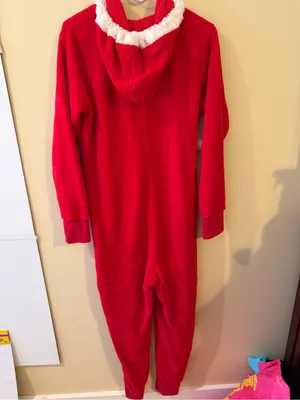 Cozy Red Hooded Fleece One-Piece Pajama with Pom-Tie Hood thumbnail 3