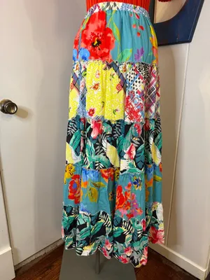 John Mark Teal Patchwork Floral Maxi Skirt with Bright Accents Sz M thumbnail 2