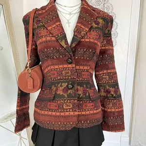 Evelyn Vintage Tapestry Style Blazer Jacket Rust Orange Floral Woven Design S thumbnail 3