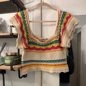 Zara Cream Crochet Crop Top with Yellow, Pink, Teal & Orange Stripes thumbnail 1