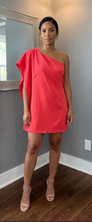 Halston Heritage Asymmetric Off-Shoulder Cocktail Dress Pink Barbie 0 thumbnail 1