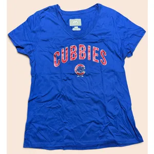 Majestic Chicago Cubs Cubbies V-Neck Graphic T-Shirt Blue Womens Medium MLB thumbnail 1