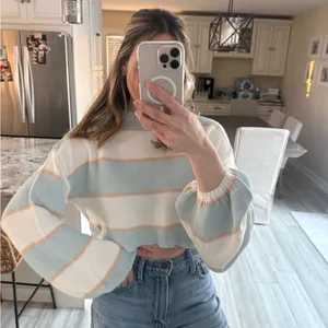 KITTENISH Blue Cream Striped Cropped Knit Sweater Women’s Small thumbnail 3