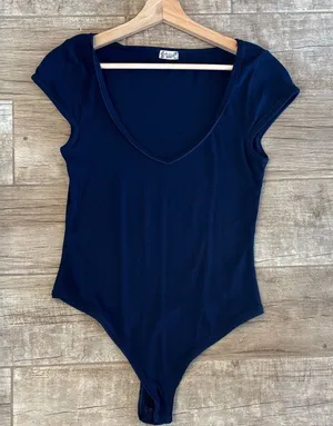 Free People Navy Blue V-Neck Bodysuit thumbnail 1