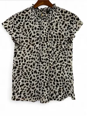 Express Leopard Print Ruffle Neck Blouse - Black & Cream thumbnail 1