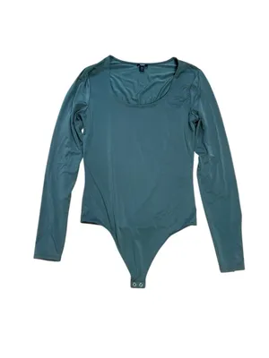 Express Teal Body Contour Light Compression Scoop Neck Long Sleeve Bodysuit Medi thumbnail 2
