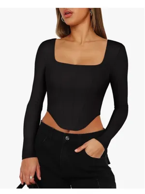 NEW REORIA Square Neck Long Sleeve Y2K Boned Bustier Corset Crop Tops XL thumbnail 7