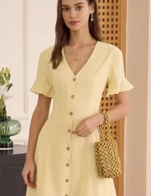 RIHOAS The Yellow V Neck Ruffle Button-up Mini Dress L 11 thumbnail 2