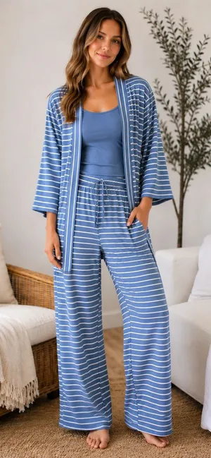 NEW State Of Day Intimates Blue Fluid-Knit Striped Lounge Pajama 3-Piece Set XS thumbnail 1