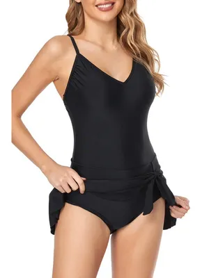 Plus Size Swimdress Tummy Control One Piece Bathing Suit V Neck Slimming 3XL thumbnail 4
