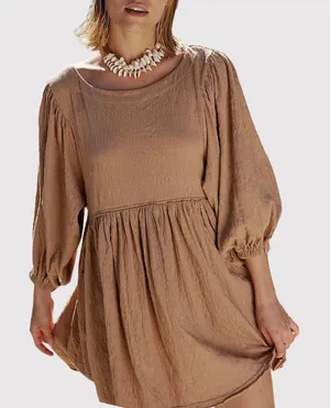 Free People Beach Dress Brown Get Obsessed Babydoll Mini Puff Sleeve A Line XS thumbnail 1