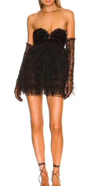 For Love & Lemons $259 Jourdan Black Mini Strapless Dress Gloves Goth Punk Sheer thumbnail 1