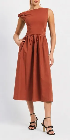 En Saison Rust Brown Mixed Media Asymmetric Neck Midi Dress XS thumbnail 1