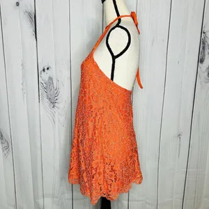 NBD Revolve Lace Overlay Floral Halter Dress Sz S Orange Mini A-Line Ribbon Tie thumbnail 5
