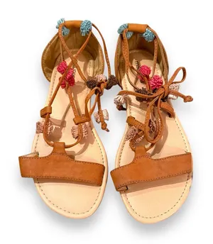 Maurices Brown Faux Leather Lace Up‎ Tassel Pom Pom Flat Sandals Sz 8 thumbnail 1