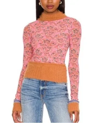 Free People Cosmo Cuff Fuzzy Furry Mesh Sheer Pink Combo Rose Long Sleeve Top XL thumbnail 1