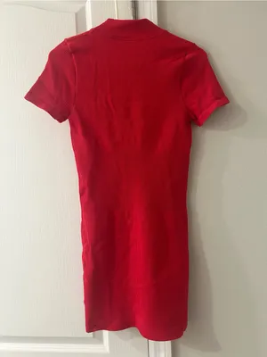 OQQ Red Ribbed Zip-Front Short Sleeve Bodycon Dress thumbnail 4