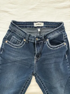 BAMBOO Dark Indigo Flare Jeans with White Embroidered Back Pockets thumbnail 3