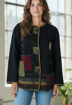 Parsley & Sage Sweater Jacket Womens S Black Multi Wool Patchwork Artful Cottage thumbnail 1