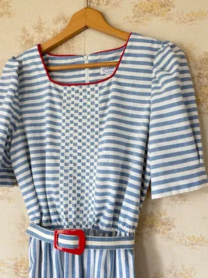 Vintage 80s Leslie Fay Blue White Striped Nautical Retro Belted Midi Dress thumbnail 2