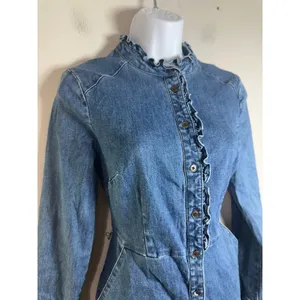 Boden Womens Blue Denim Ruffle Neck Button Front‎ Long Sleeve Shirt Dress US 4R thumbnail 4